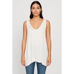 Hailey Lyn White Flowy Sleeveless V-Neck Top w/ Asymmetrical Hem, M